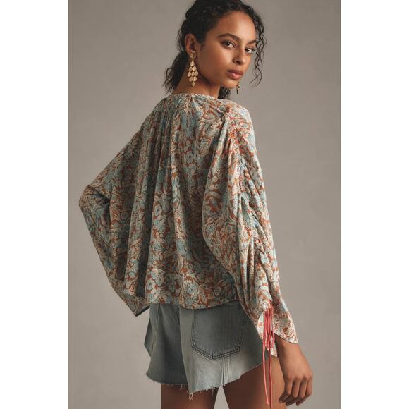 Anthropologie Floral Shirred Top Oversized Bohemian Hippie Tie Long Sleeves - Picture 3 of 11